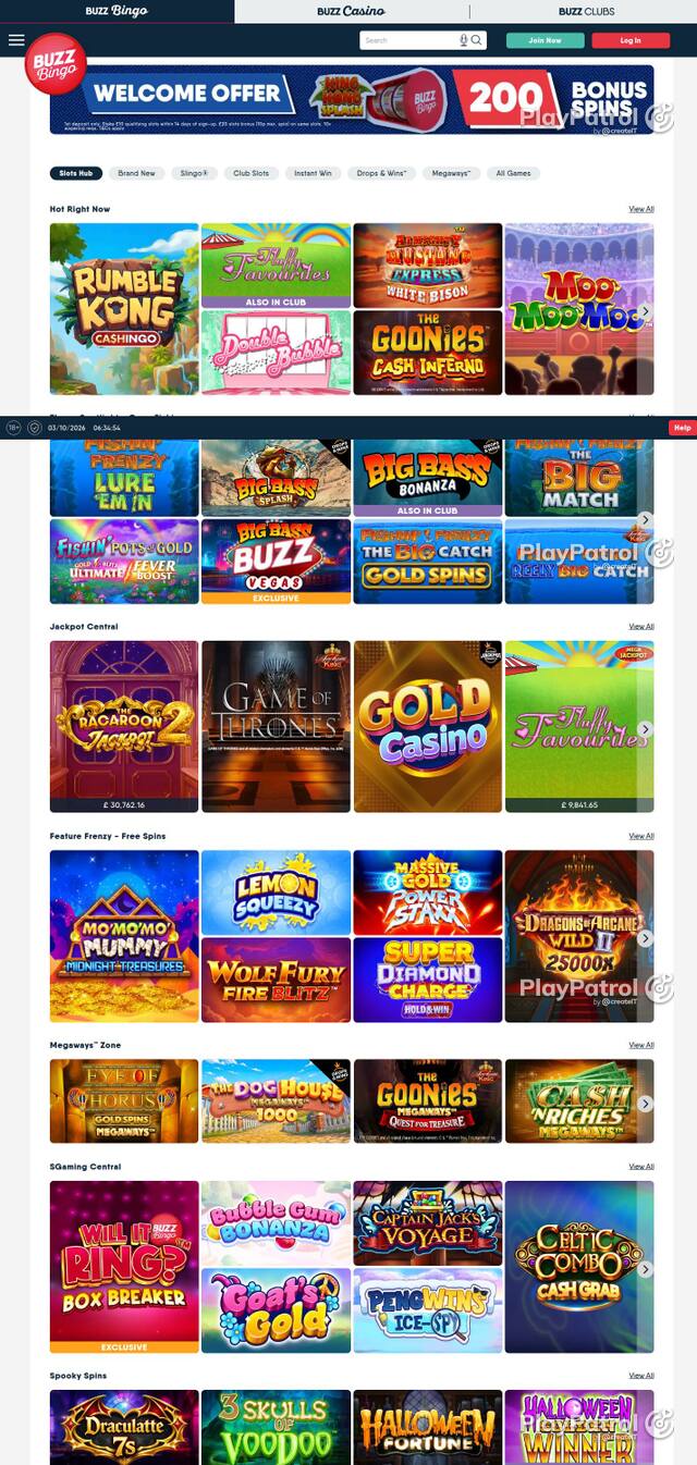 Capture of the front page of Buzz Bingo (buzzbingo.com) on 3 October 2026
