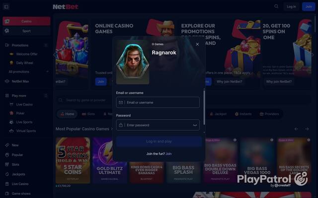 Capture of the front page of NetBet Casino (netbet.co.uk) on 3 October 2026