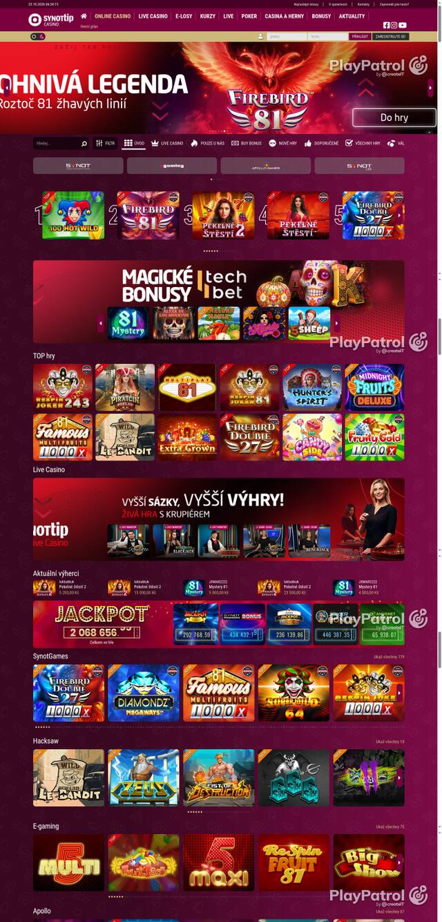 Capture of the front page of Synot Tip (casino.synottip.cz) on 23 October 2026