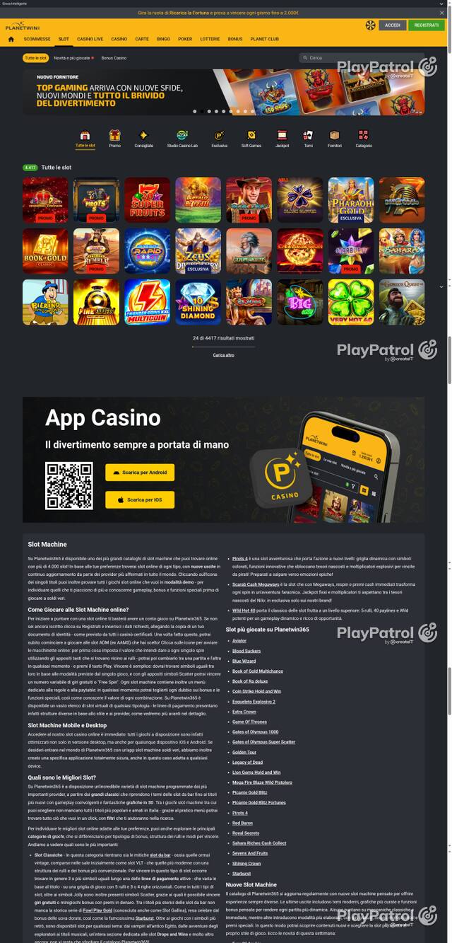Capture of the front page of Planetwin365 (planetwin365.it) on 22 October 2026