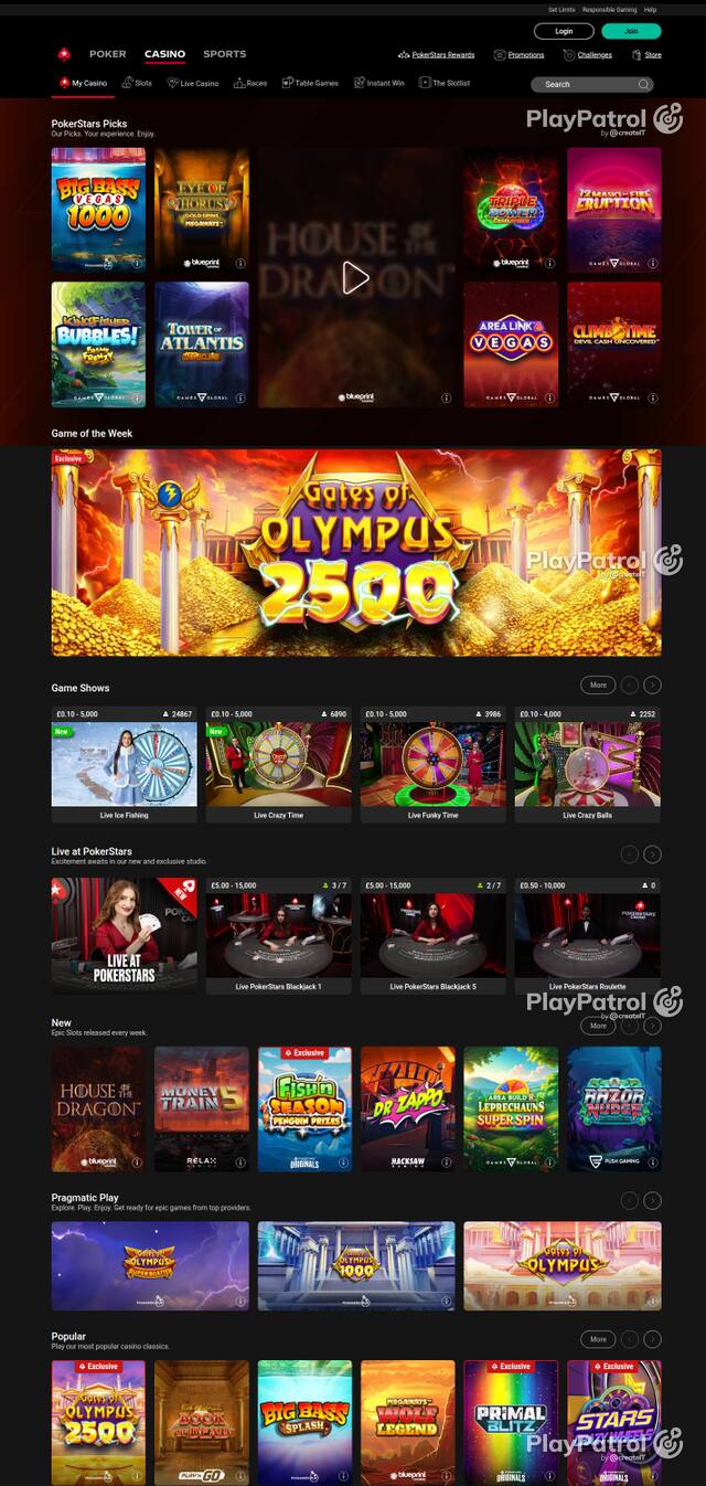 Capture of the front page of PokerStars (pokerstars.uk) on 3 October 2026