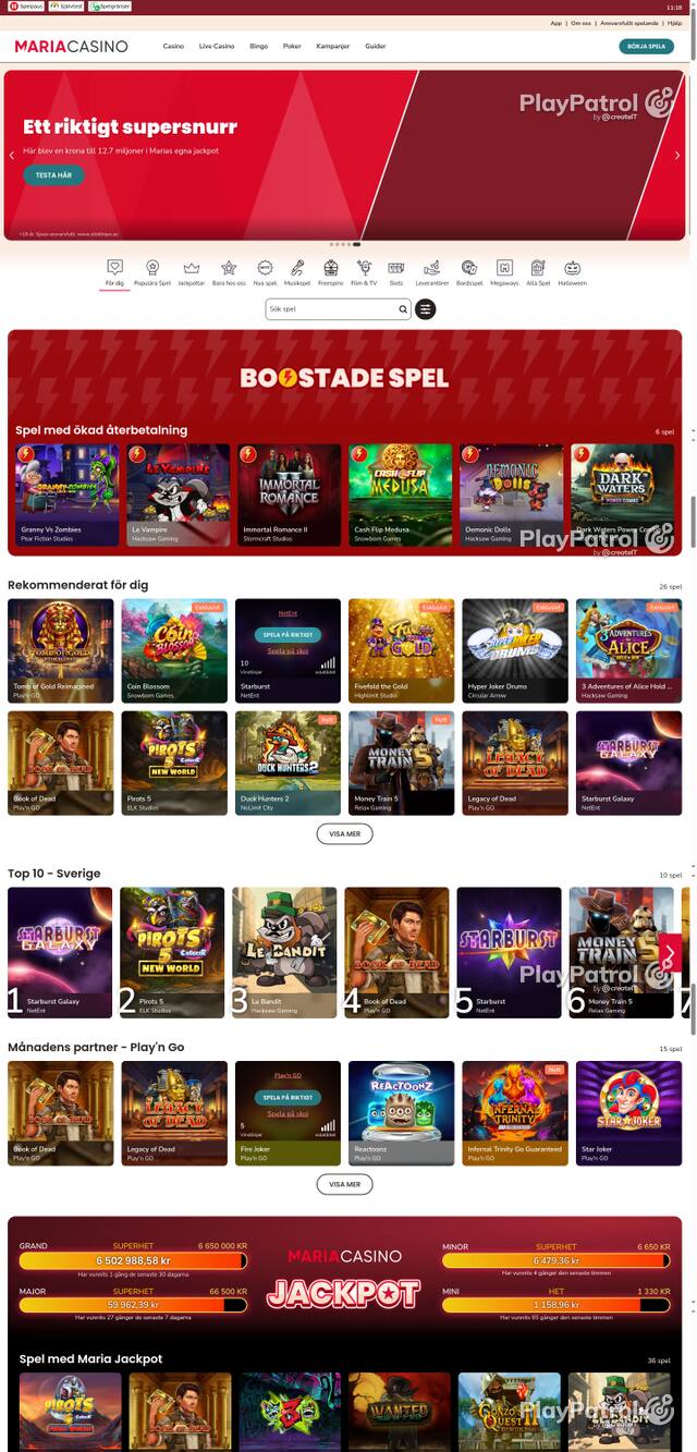 Front page of mariacasino.se as captured on 25 October 2026