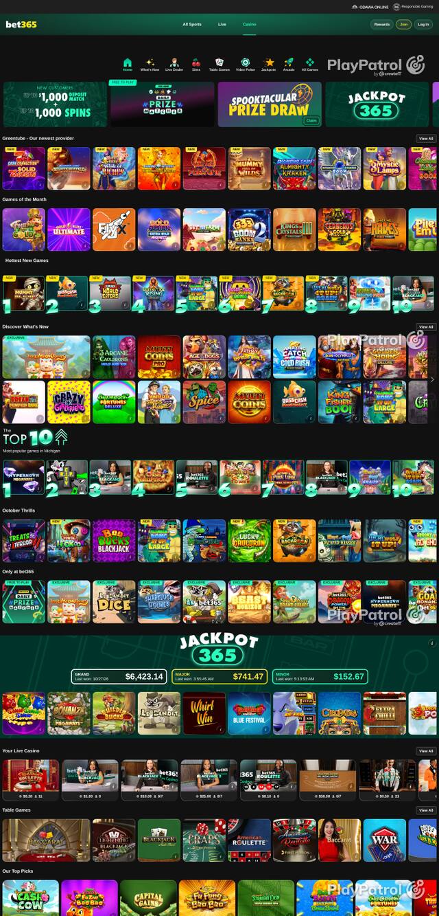 Capture of the front page of casino.mi.bet365.com (casino.mi.bet365.com) on 28 October 2026