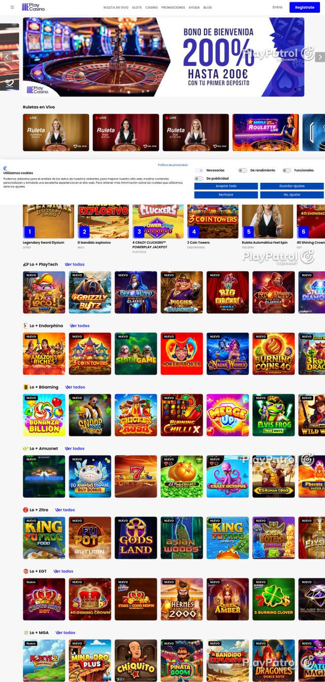 Capture of the front page of OnePlay Casino (oneplaycasino.es) on 2 October 2026