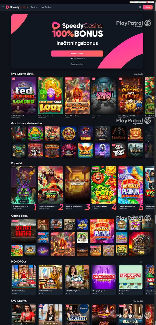 Capture of the front page of speedycasino.com (speedycasino.com) on 19 October 2026