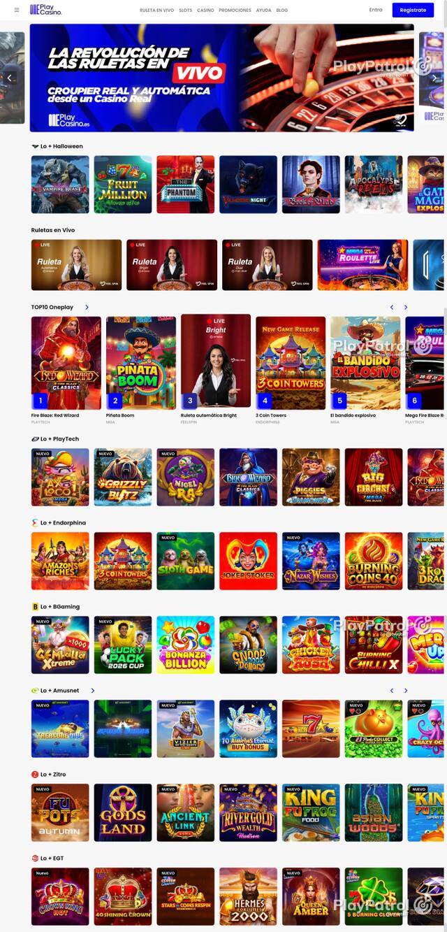 Capture of the front page of OnePlay Casino (oneplaycasino.es) on 28 October 2026