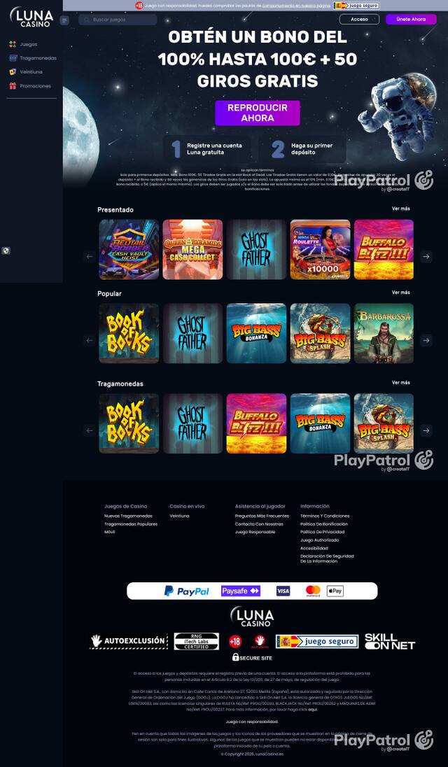 Homepage capture of Luna Casino recorded during the scan