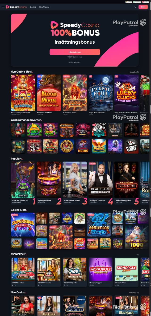 Capture of the front page of speedycasino.com (speedycasino.com) on 26 October 2026