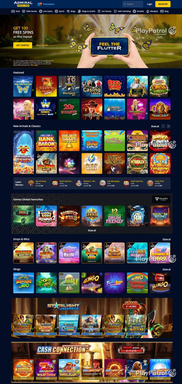 Homepage capture of Admiral Casino recorded during the scan