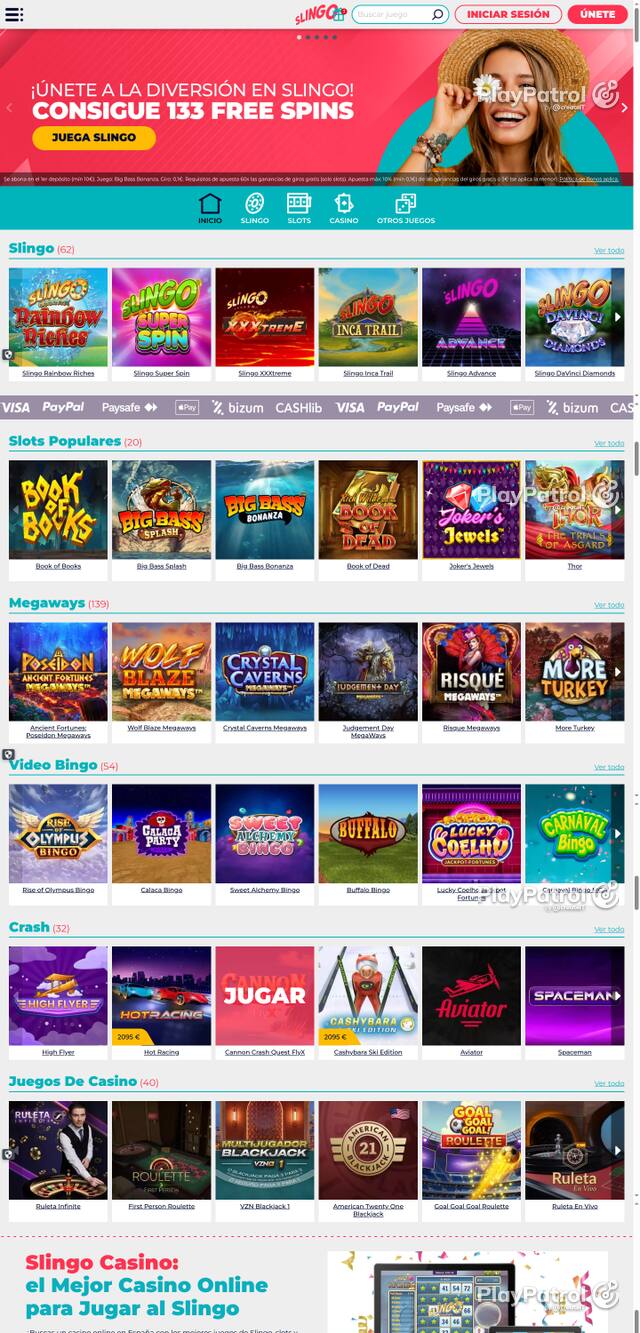 Capture of the front page of Slingo Casino (slingocasino.es) on 18 October 2026