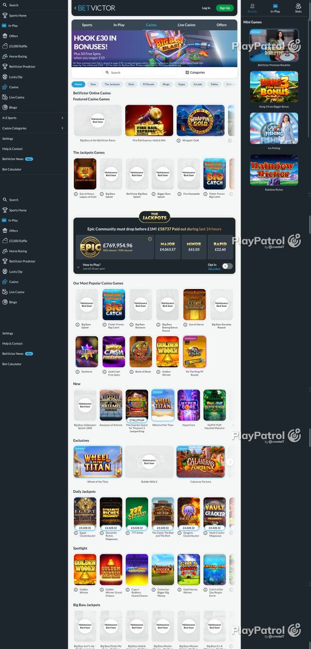 Capture of the front page of BetVictor Casino (betvictor.com) on 13 October 2026