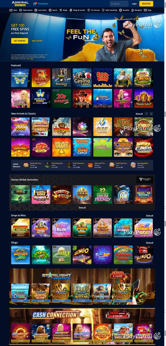 Capture of the front page of Admiral Casino (admiralcasino.co.uk) on 9 October 2026