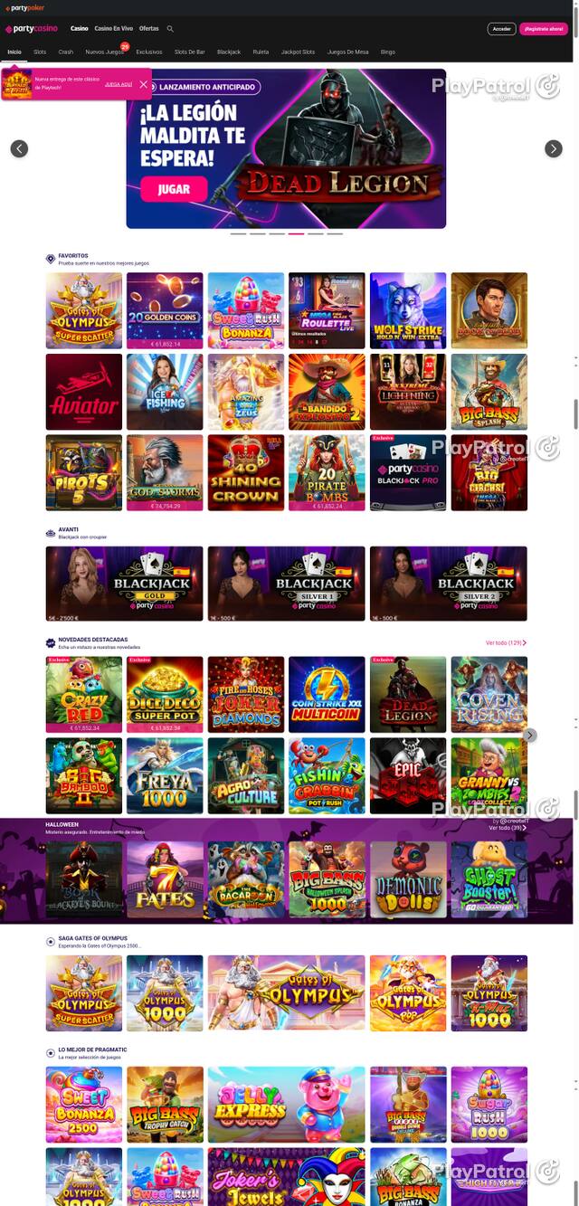 Capture of the front page of PartyCasino (partycasino.es) on 25 October 2026