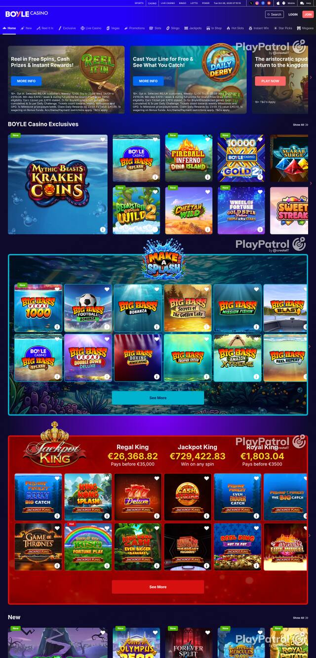 Capture of the front page of BoyleSports Casino (games.boylesports.com) on 6 October 2026