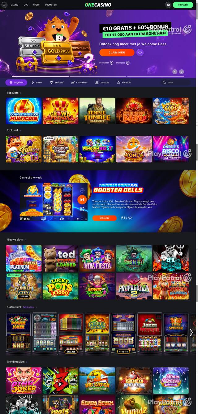 Capture of the front page of One Casino (nl.onecasino.com) on 23 October 2026