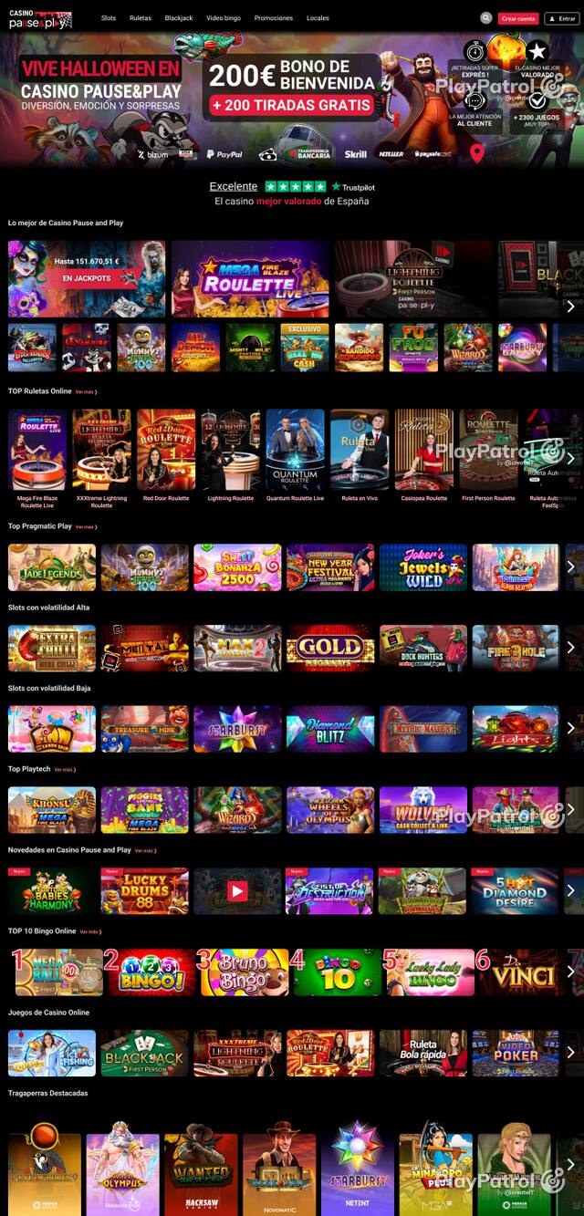 Capture of the front page of Casino Pause and Play (casinopauseandplay.es) on 9 October 2026