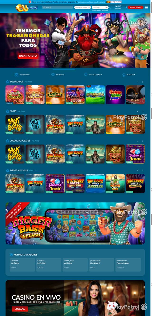 Capture of the front page of EU Casino (eucasino.es) on 22 October 2026