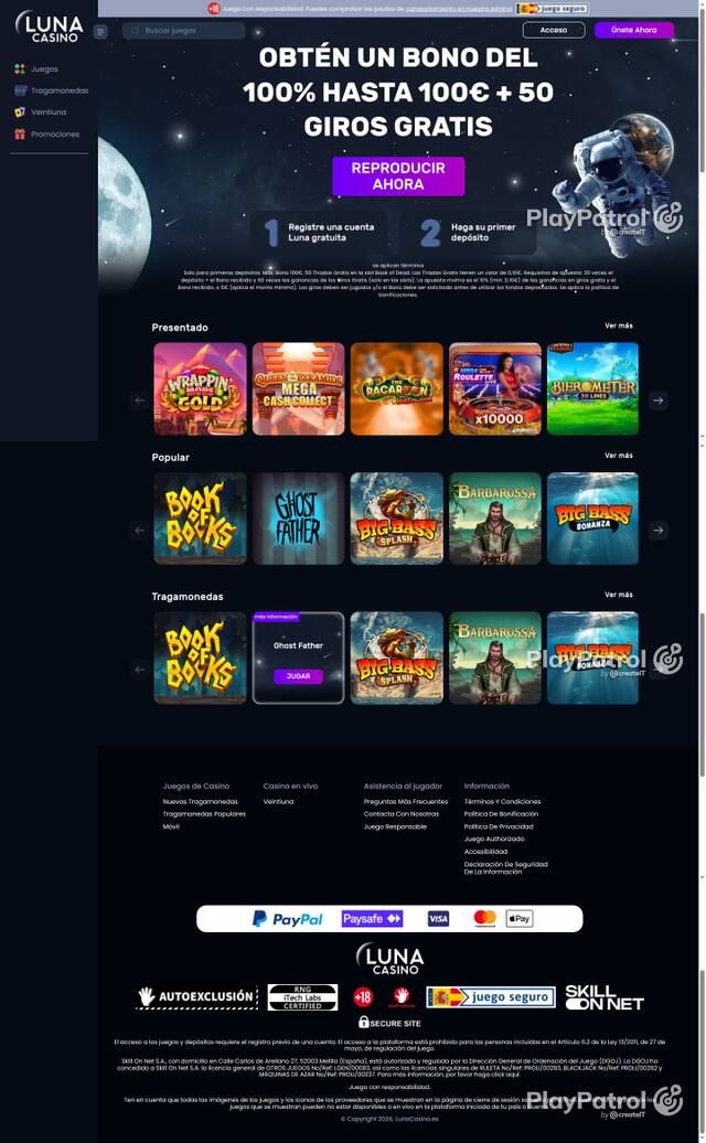 Capture of the front page of Luna Casino (lunacasino.es) on 20 October 2026