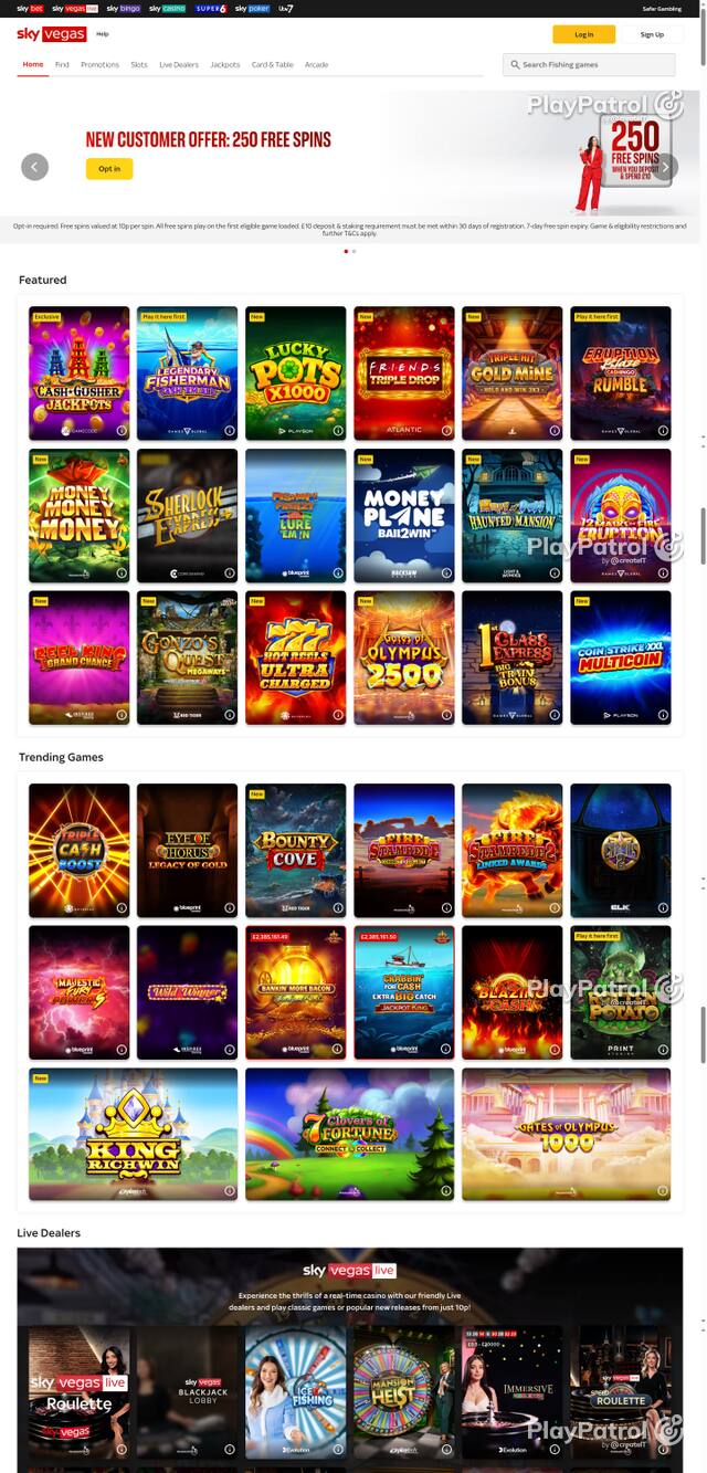 Capture of the front page of Sky Vegas (skyvegas.com) on 20 October 2026