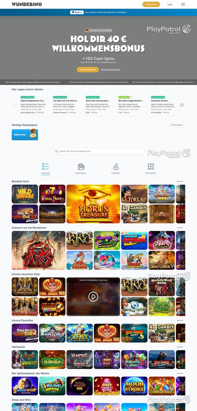 Front page of Wunderino as captured on 29 October 2026