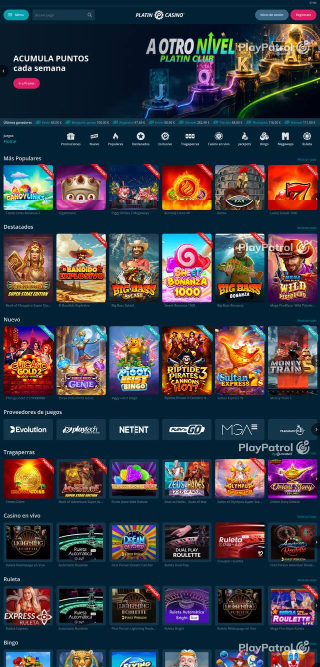 Capture of the front page of Platin Casino (platincasino.es) on 14 October 2026