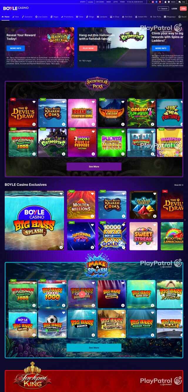 Capture of the front page of BoyleSports Casino (games.boylesports.com) on 30 October 2026