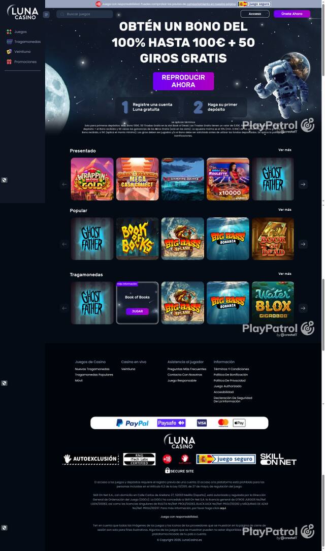 Capture of the front page of Luna Casino (lunacasino.es) on 12 October 2026