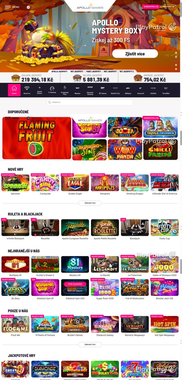 Capture of the front page of Apollo Games (apollogames.cz) on 7 October 2026