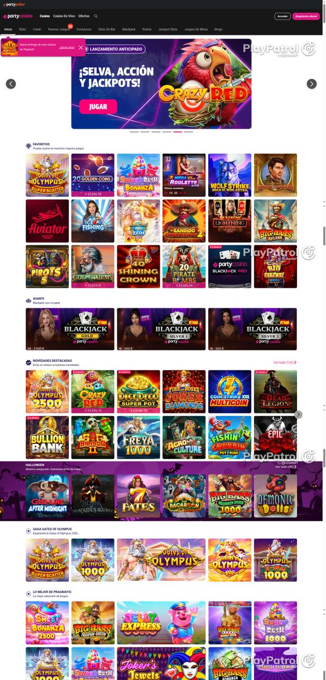 Capture of the front page of PartyCasino (partycasino.es) on 27 October 2026