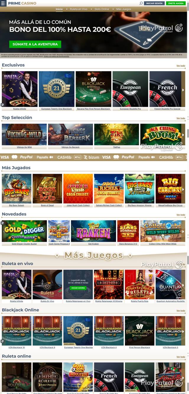 Capture of the front page of Prime Casino (primecasino.es) on 8 October 2026
