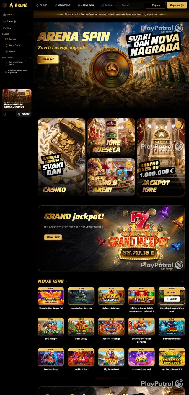Front page of arenacasino.hr as captured on 26 October 2026
