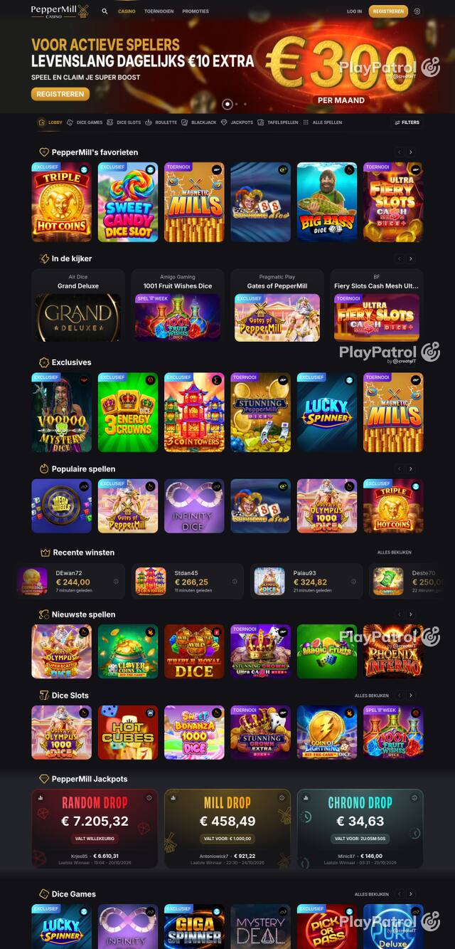 Capture of the front page of peppermillcasino.be (peppermillcasino.be) on 25 October 2026