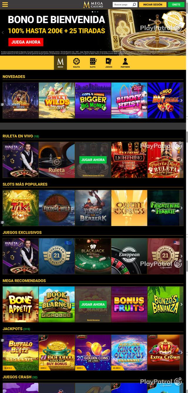 Capture of the front page of Mega Casinos (megacasinos.es) on 7 October 2026