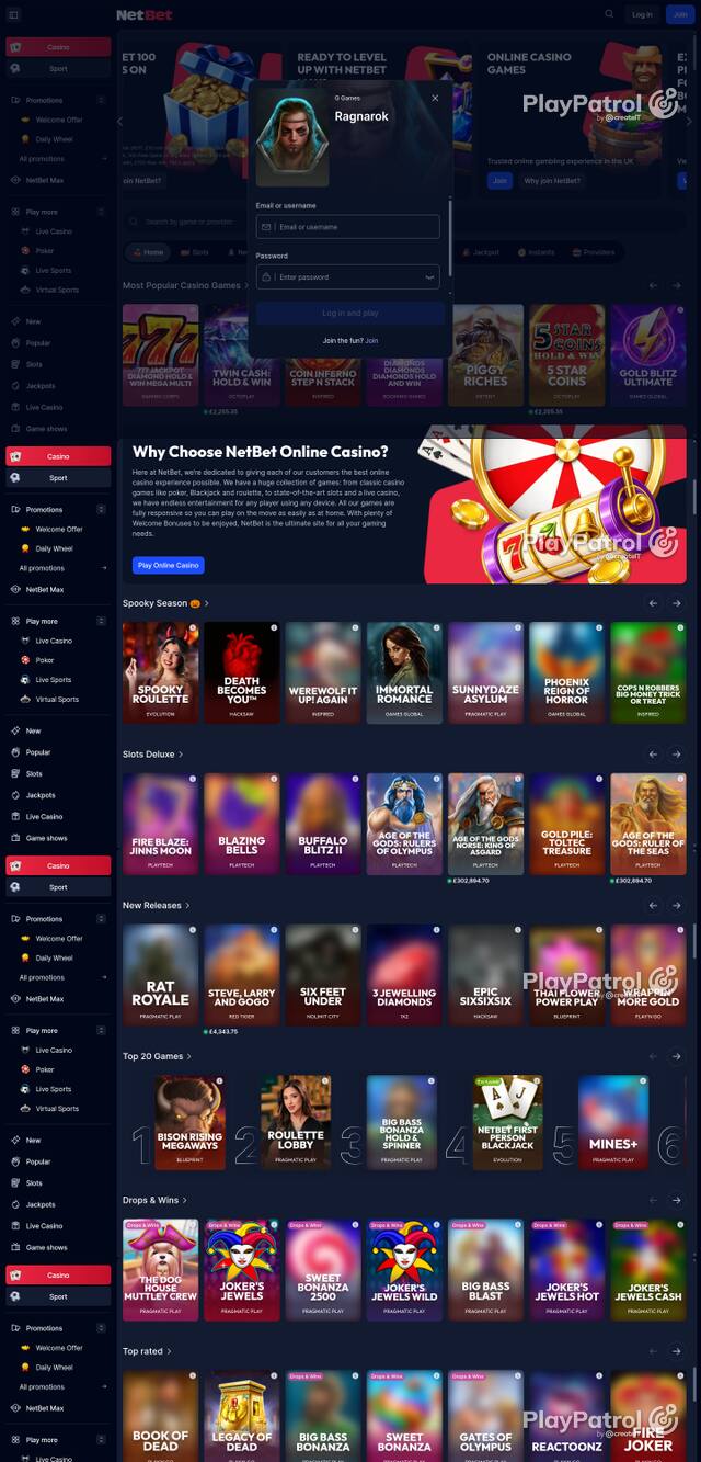 Capture of the front page of NetBet Casino (netbet.co.uk) on 28 October 2026