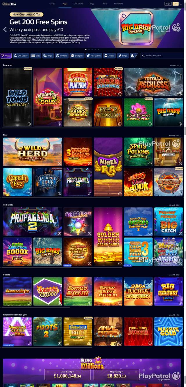 Capture of the front page of William Hill (vegas.williamhill.com) on 24 October 2026