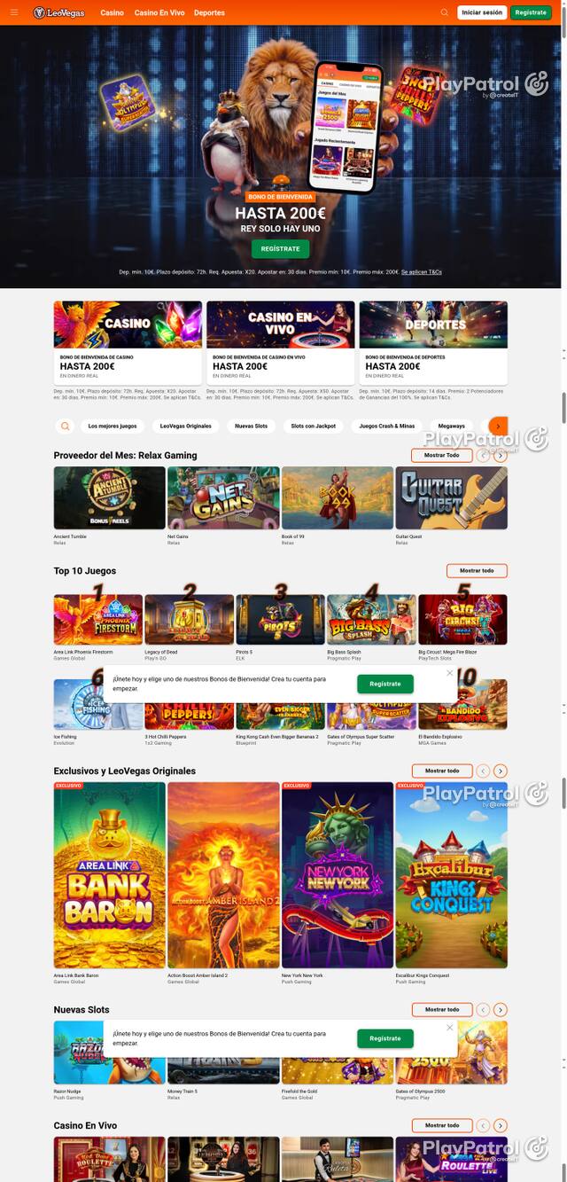 Capture of the front page of LeoVegas (leovegas.es) on 28 October 2026