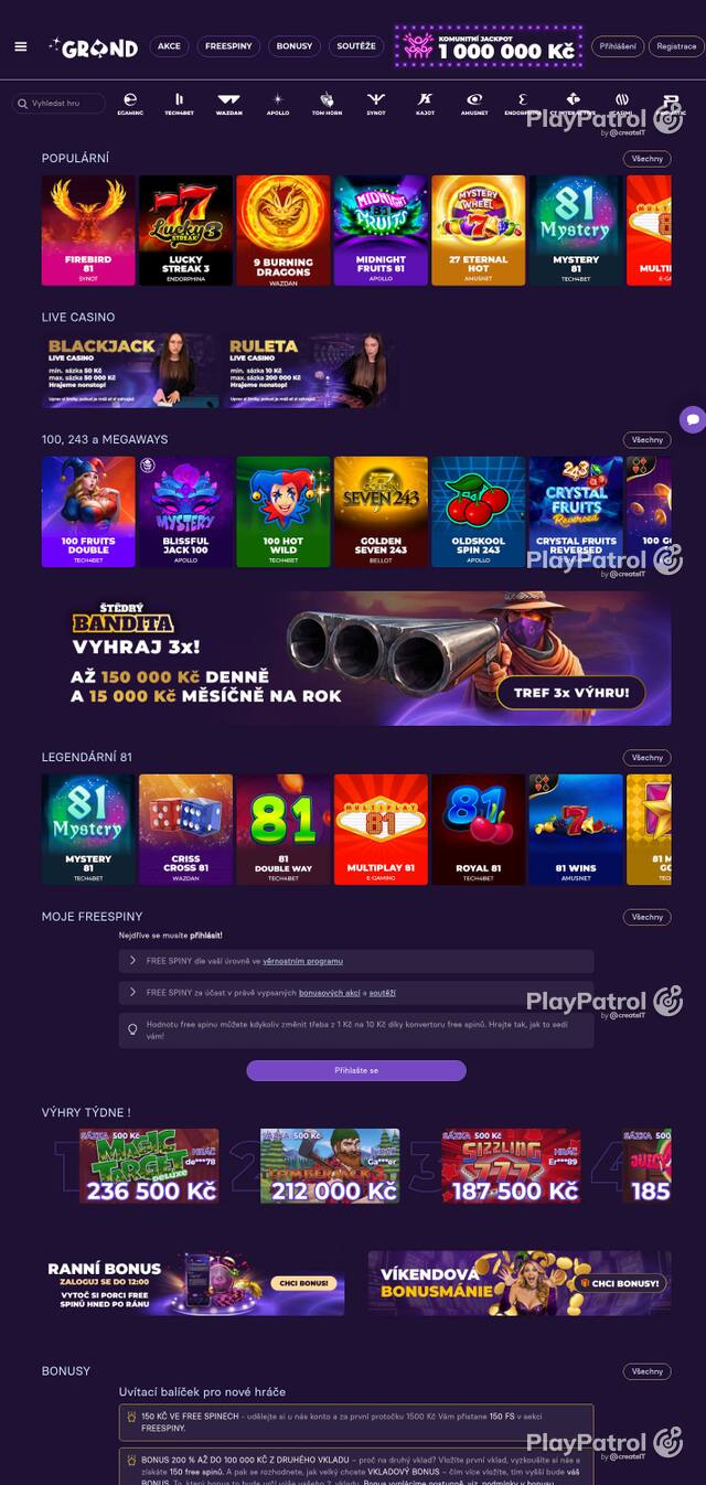 Homepage capture of GrandWin recorded during the scan