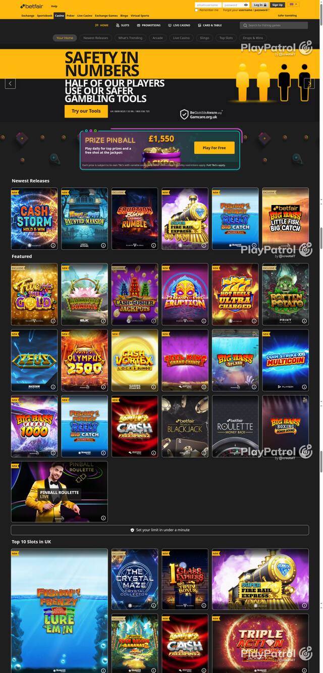 Capture of the front page of Betfair Casino (casino.betfair.com) on 9 October 2026