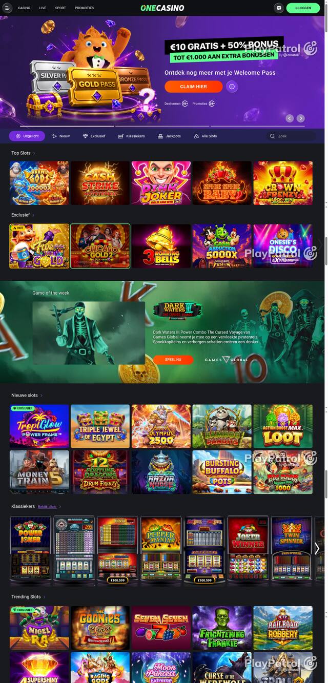 Capture of the front page of One Casino (nl.onecasino.com) on 13 October 2026