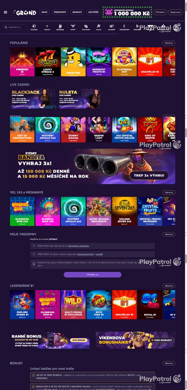 Capture of the front page of GrandWin (grandwin.cz) on 24 October 2026