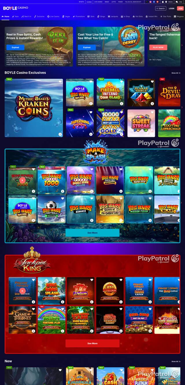 Capture of the front page of BoyleSports Casino (games.boylesports.com) on 22 October 2026