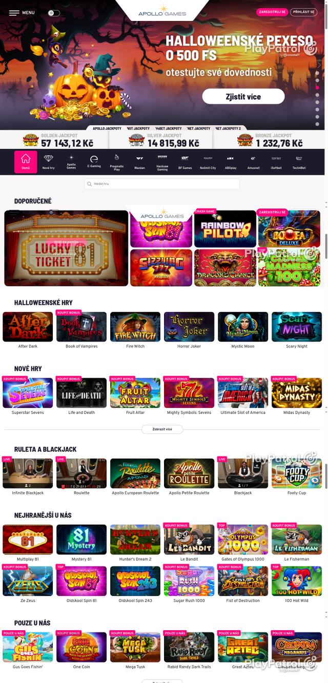 Front page of Apollo Games as captured on 29 October 2026
