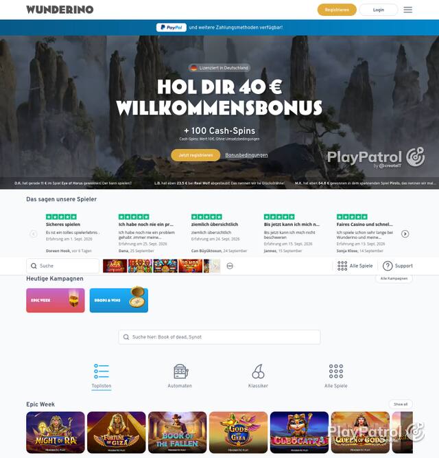 Capture of the front page of Wunderino (wunderino.de) on 4 October 2026
