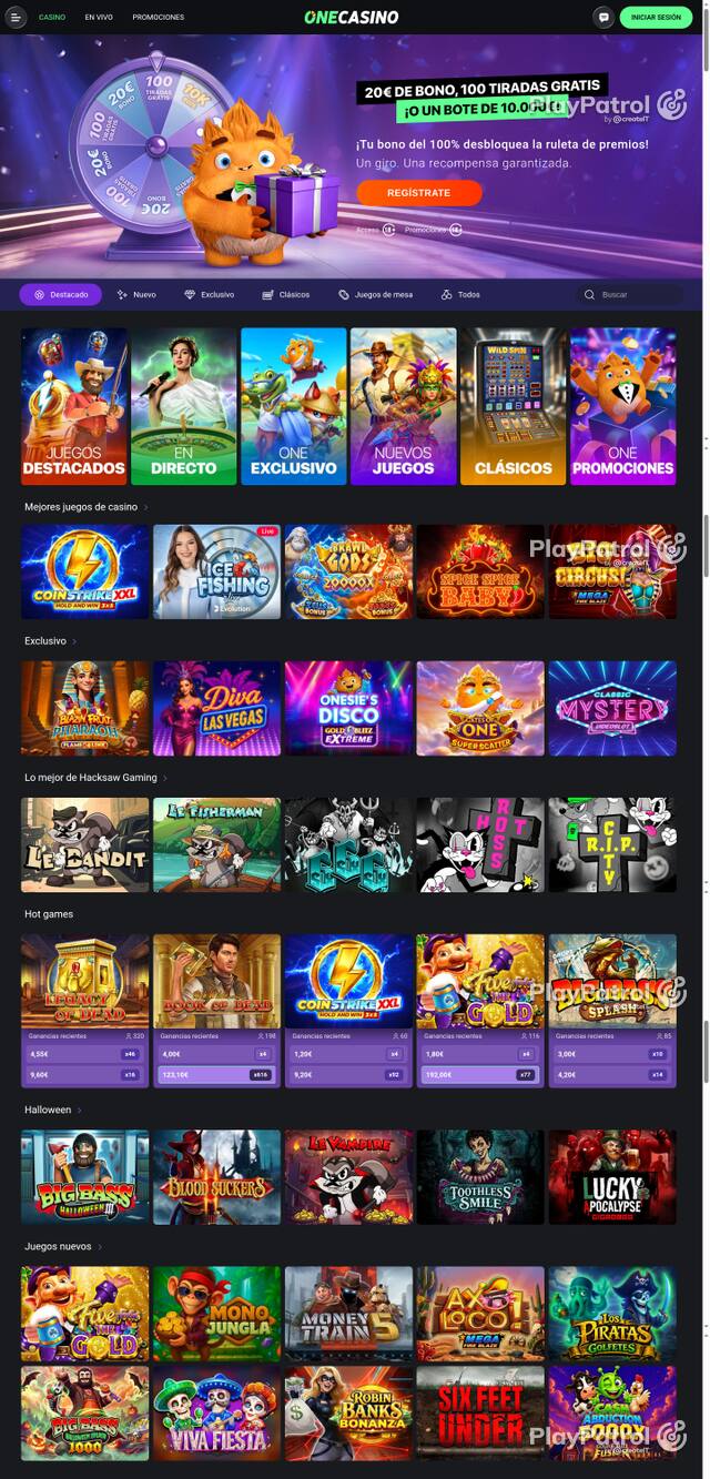 Front page of One Casino as captured on 29 October 2026