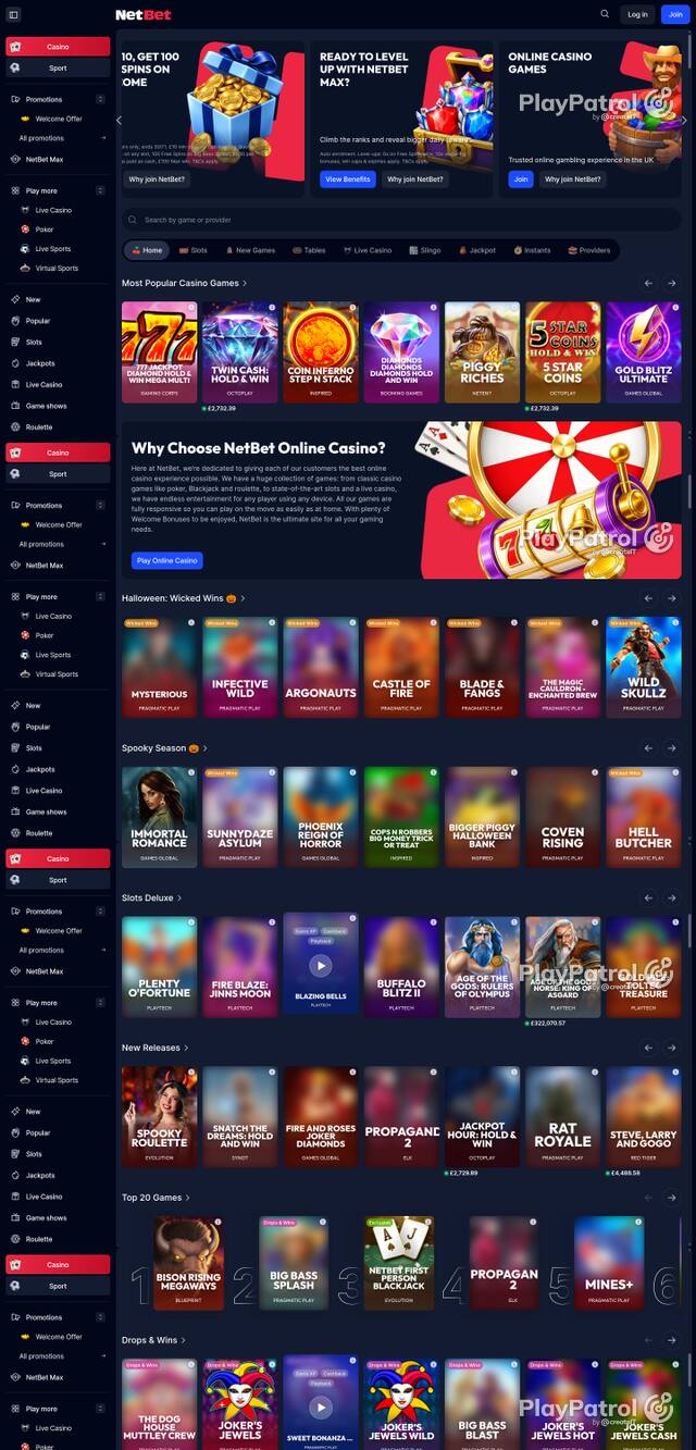 Capture of the front page of NetBet Casino (netbet.co.uk) on 30 October 2026