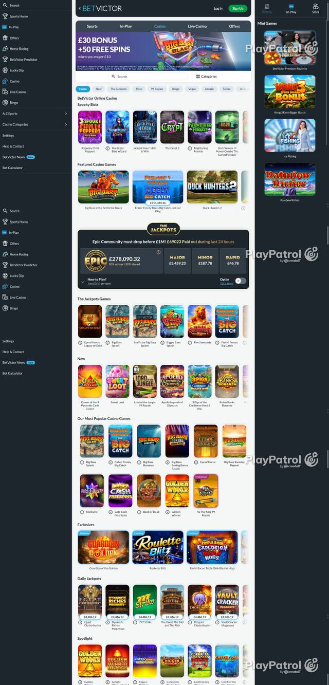 Capture of the front page of BetVictor Casino (betvictor.com) on 30 October 2026