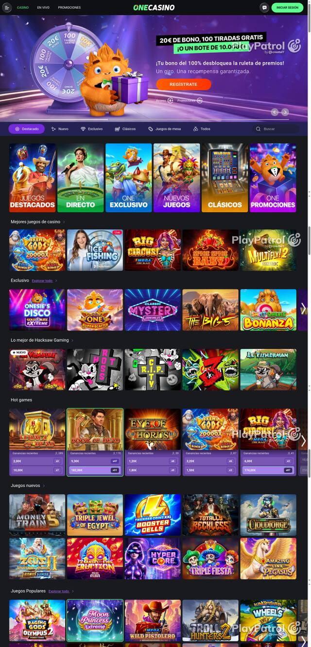 Capture of the front page of One Casino (onecasino.es) on 9 October 2026