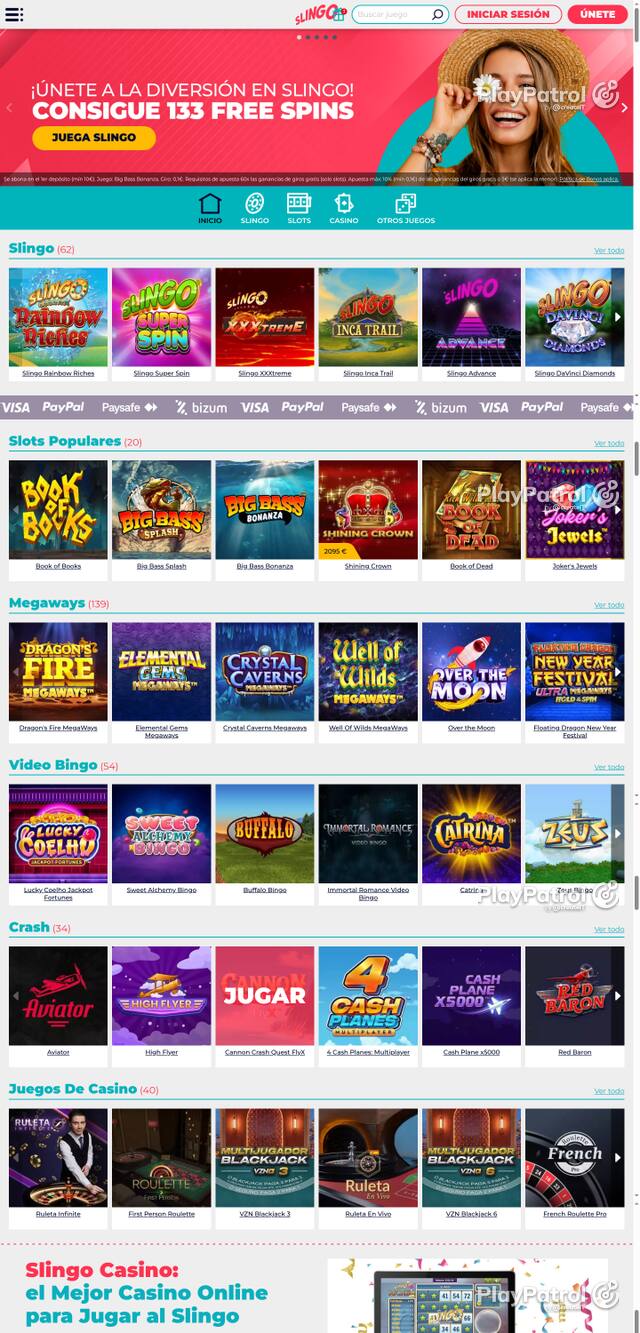 Capture of the front page of Slingo Casino (slingocasino.es) on 28 October 2026