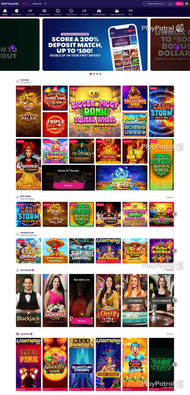 Capture of the front page of nj.partycasino.com (nj.partycasino.com) on 25 October 2026