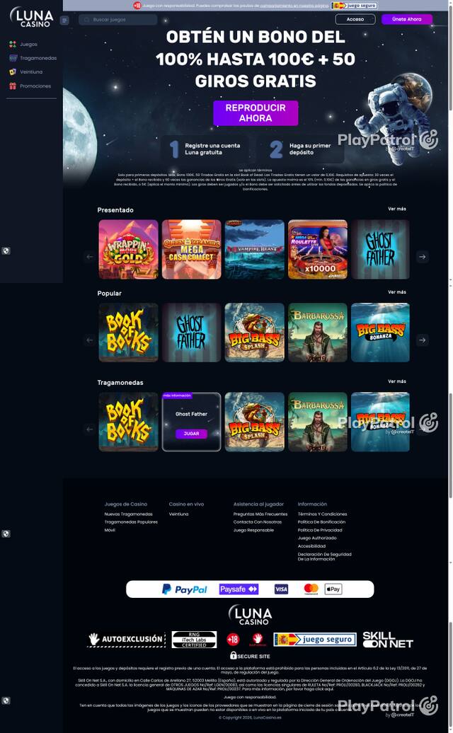 Capture of the front page of Luna Casino (lunacasino.es) on 19 October 2026